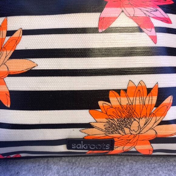 Sakroots Artist Designed Crossbody Purse, Black White Striped Colorful Flowers - Picture 3 of 10